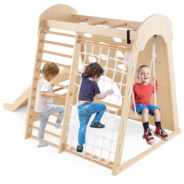 Babyjoy Climb Playset 8-in-1 Indoor Jungle Gym Wooden Playground w/Climbing Wall & Crawling Hole