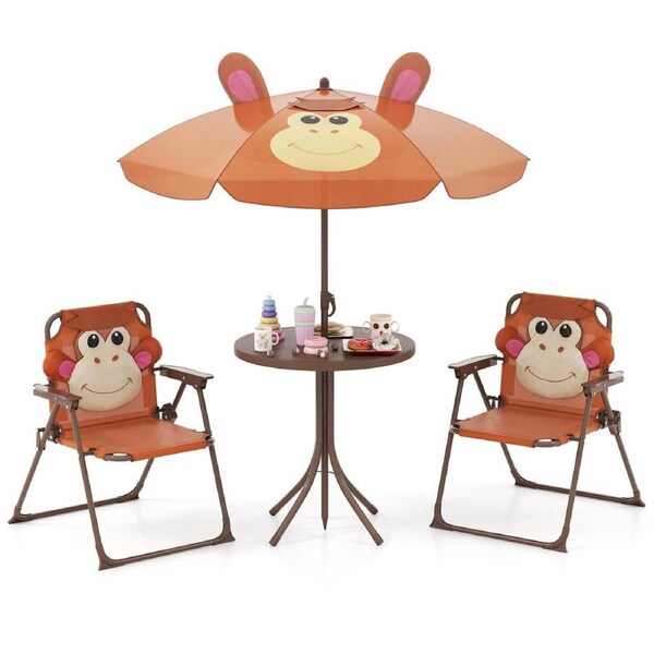 Babyjoy 4Pcs Picnic Activity Table & 2 Folding Chairs Set w/Height Adjustable Umbrella & Baby Beach Set Brown