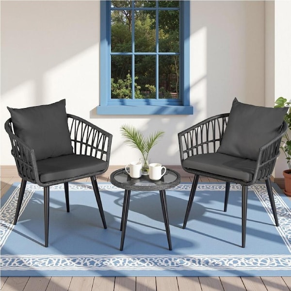 Gardeon 3PC Outdoor Bistro Set Patio Furniture Lounge Setting Table and Chairs Cushion Grey
