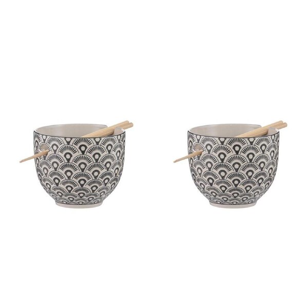 2PK Ladelle Nara Fan Ceramic Noodle Bowl w/ Chopsticks Japanese Style Assorted
