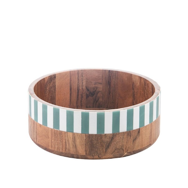 Ladelle Panama Stripe Wooden Salad Serving Bowl Handcrafted Multi-Purpose