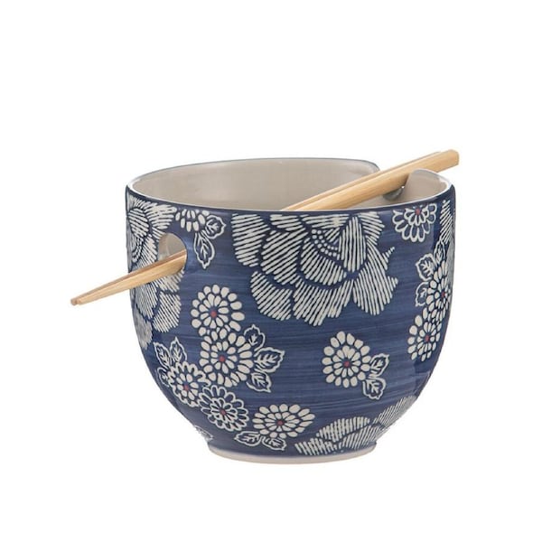 Ladelle Nara Bloom Ceramic Noodle Bowl w/ Chopsticks Japanese Style Assorted