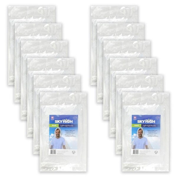 12PK Sky High Adult Travel Lightweight Poncho Rain Cover 100x127cm Transparent