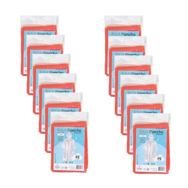 12PK Jemark Adult Disposable Waterproof Poncho Rain Cover 100x127cm Assorted