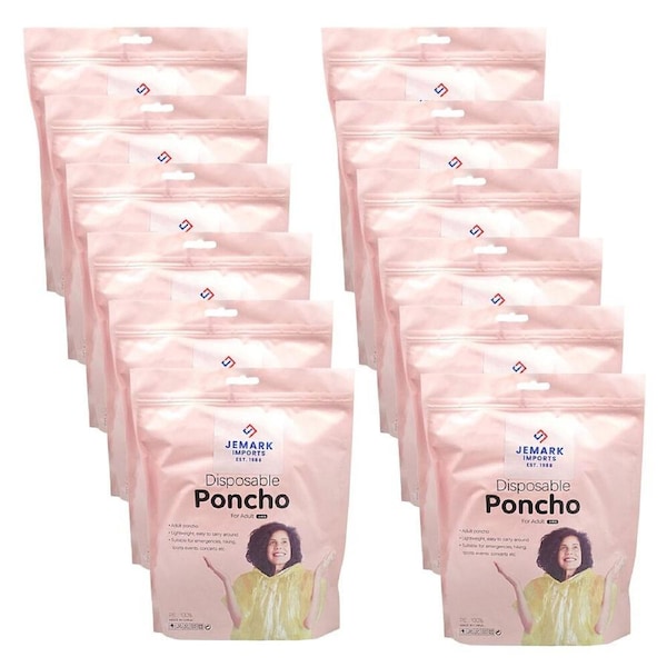 12x 5pc Jemark Adult Disposable Waterproof Poncho Rain Cover 100x127cm Assorted
