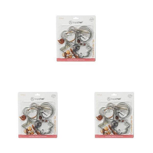 3x 12pc Topchef Stainless Steel Cookie Cutter Baking Set Silver Assorted