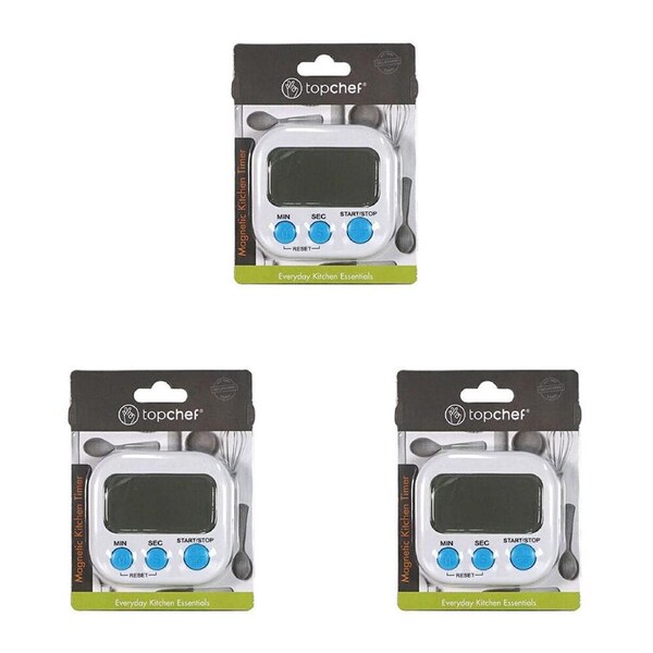 3PK Topchef Digital Kitchen Timer Stand w/ Magnetic Back 8x7cm White