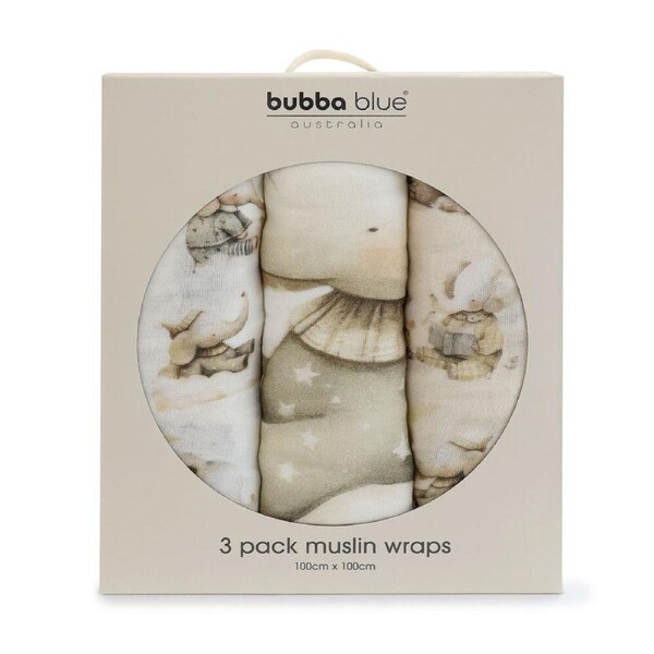 3pc Bubba Blue Elephant Bedtime Muslin Swaddle Wraps 100x100xm