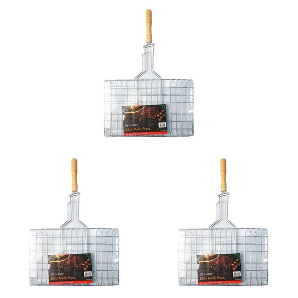 3PK Topchef Iron/Wood Barbeque Grilling Mesh Press Basket 31cm Silver