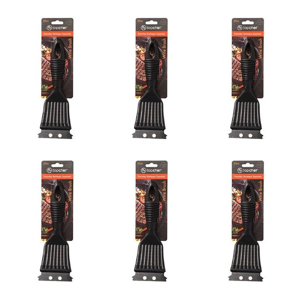 6PK Topchef Stainless Steel Barbeque Wire Brush Cleaning Tool 20cm Black