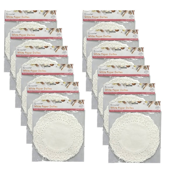 12x 20pc Topchef Round Paper Lace Decorative Doilies Pack 24cm White