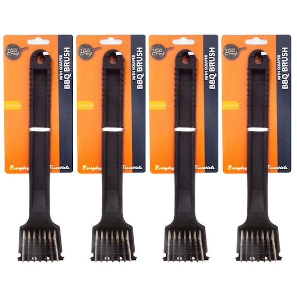 4PK Topchef Long Handle Barbeque Cleaning Brush With Scraper 30cm Black