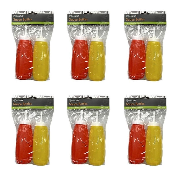 6x 2pc Topchef Ketchup and Mustard Sauce Bottles 300ml Red/Yellow