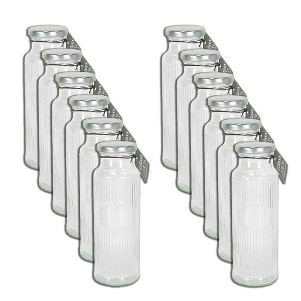 12PK Glass & Co Cleo Round Ribbed Silver Metal Lid Water Bottle 350ml Clear