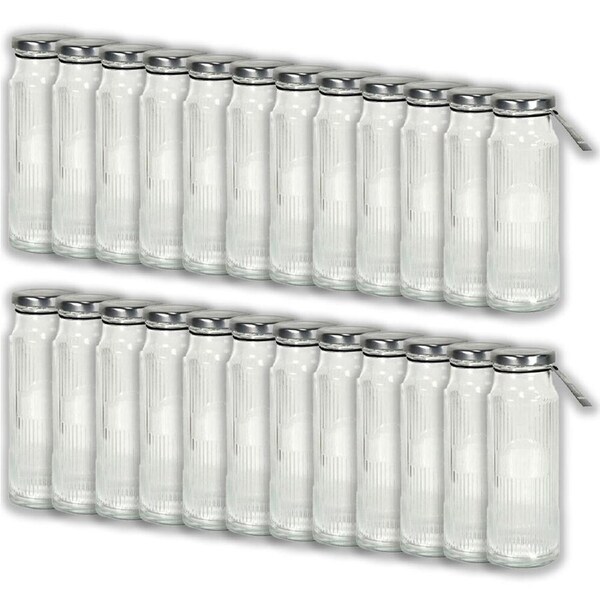 24PK Glass & Co Cleo Round Ribbed Silver Metal Lid Water Bottle 250ml Clear