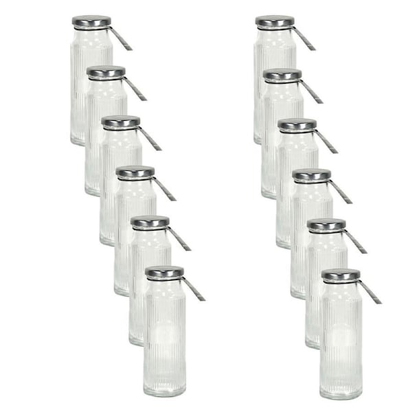 12PK Glass & Co Cleo Round Ribbed Silver Metal Lid Water Bottle 250ml Clear