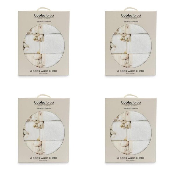 4PK 3pc Bubba Blue Children's and Baby Elephant Bedtime Face Washers 25x25cm