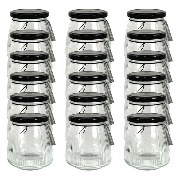18PK Glass & Co Cleo Taper Ribbed Black Metal Lid Storage Jar 350ml Clear