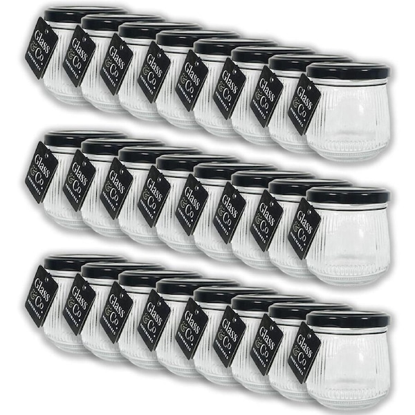 24PK Glass & Co Cleo Taper Ribbed Black Metal Lid Storage Jar 140ml Clear