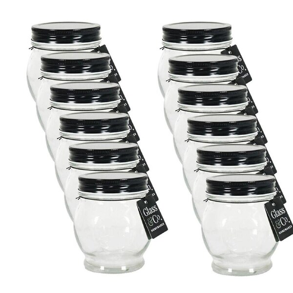 12PK Glass & Co Olivia Round Black Metal Lid Bottle Storage Jar 270ml Clear