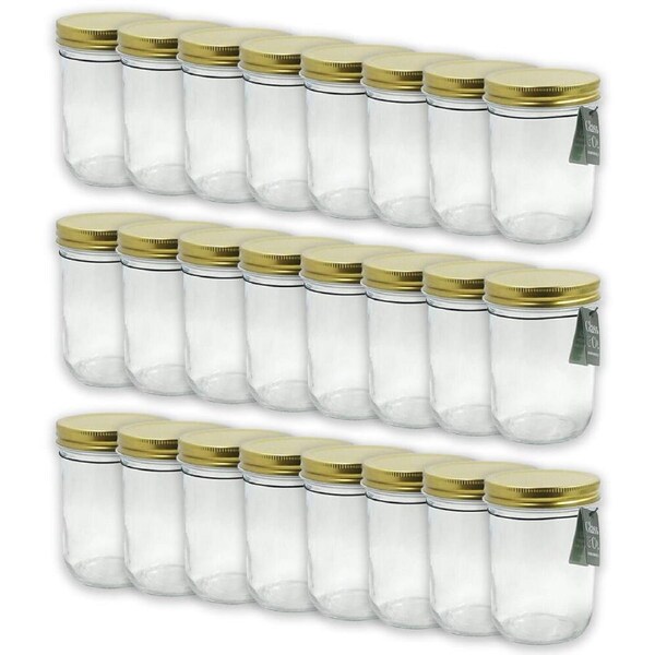 24PK Glass & Co Olivia Round Metallic Lid Jar Container 460ml Clear Assorted