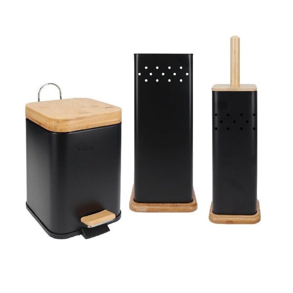 Eco Basics 3in1 Square Bathroom Bin Toilet Brush & Roll Holder Set 41.5cm Black