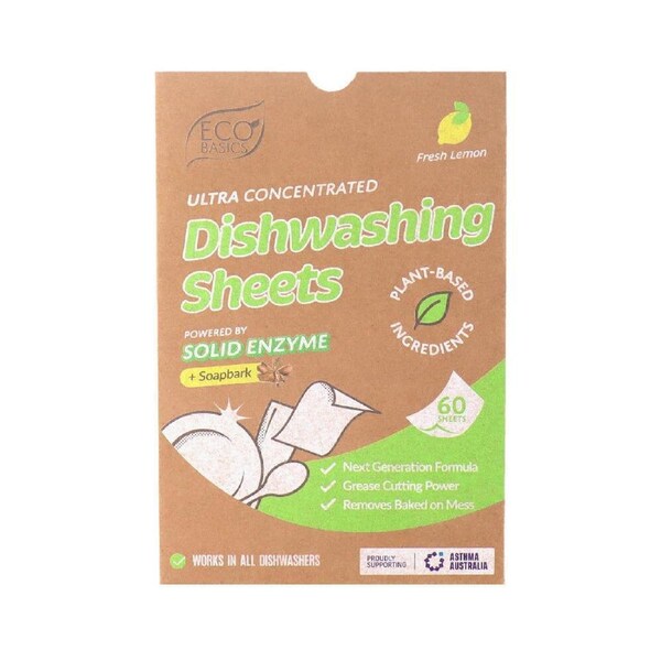60pc Eco Basics Dishwashing Detergent Sheets w/ Fresh Lemon Scent 11cm