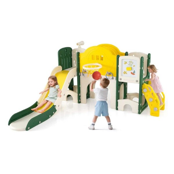 Costway 10-in-1 UFO Slide Drawing Board Combination w/Colored Pens Whiteboard Eraser & Basketball Yellow