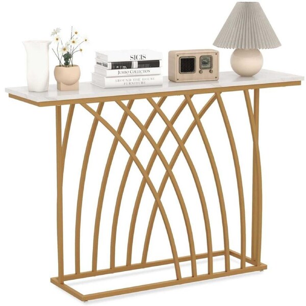 Costway 120cm Console Table Modern Accent Faux Marble Entryway Long Couch Table w/Geometric Metal Frame White
