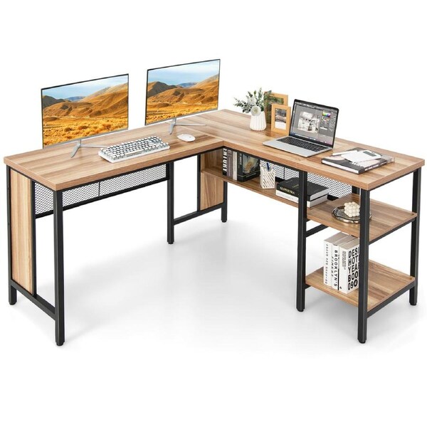 Costway 1.5M L-shaped Office Desk Corner Desk w/Shelves Writing Desk Computer Workstation Natural
