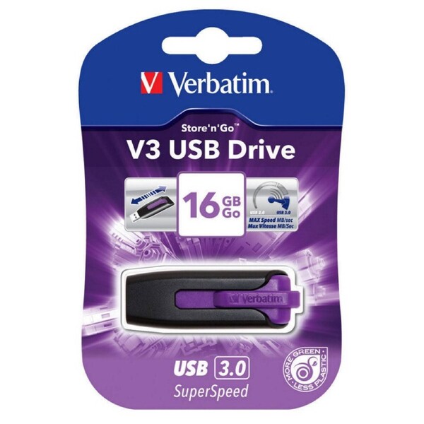 Verbatim 16GB V3 USB3.0 Violet Store'n'Go V3; Rectractable USB Storage Drive