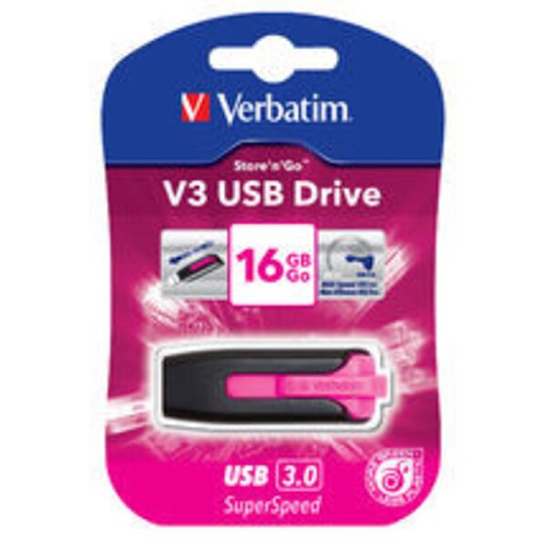 Verbatim 16GB V3 USB3.0 Pink Store'n'Go V3; Rectractable USB Storage Drive