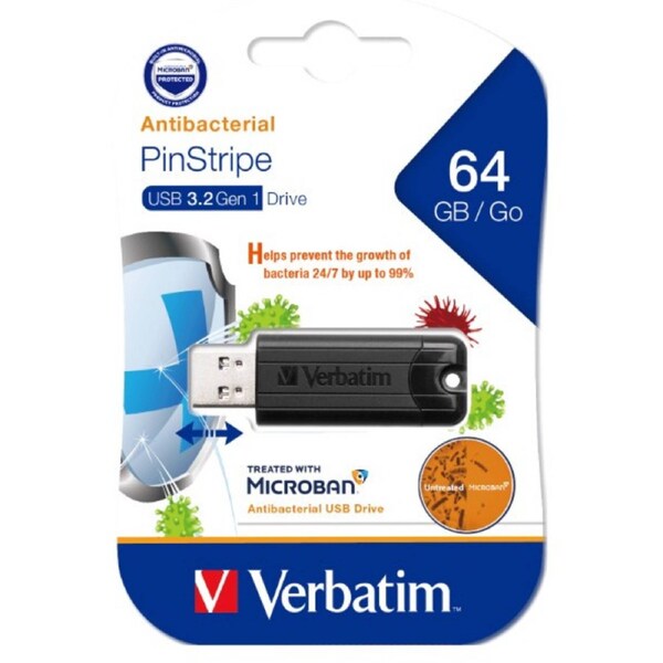 Verbatim 64GB Antibacterial Pinstripe USB 3.0 Drive (with MicrobanÆ) Black