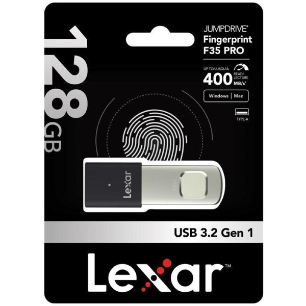 Lexar F35 PRO 128GB JumpDrive Fingerprint USB 3.2 Gen 1, up to 400MB/s read, 300MB/s write transfer content between your USB Type-CTM and Type-A devi
