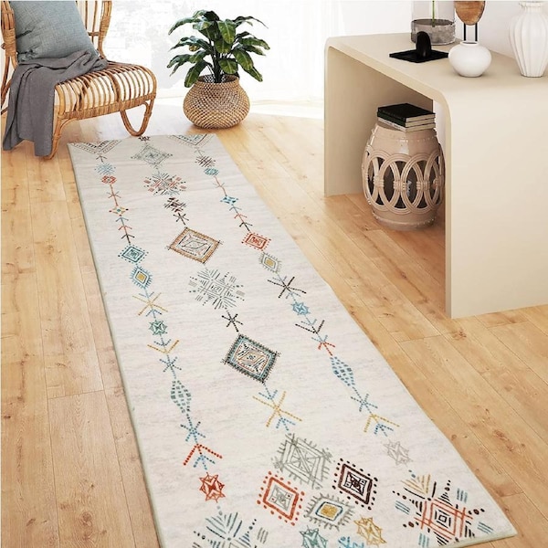Marlow Hallway Runner Floor Rug Washable Soft Plush Carpet Non Slip 180X60cm White Tribal Diamond
