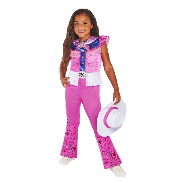 3pc Barbie Cowgirl Deluxe Jumpsuit/Necktie/Hat Costume Set Kids Pink 6-8 Years
