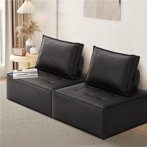 Oikiture 1-4PCS Modular Sofa Lounge Chair Armless TOFU Back Sherpa/Linen/PU 2PCS/Black