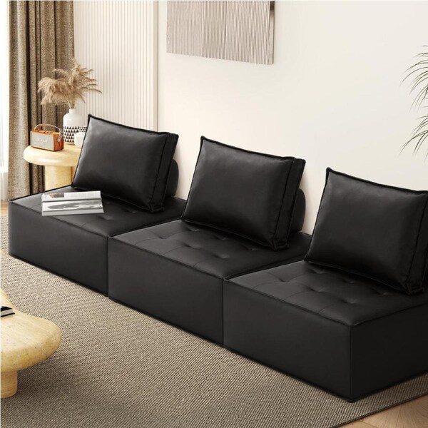 Oikiture 1-4PCS Modular Sofa Lounge Chair Armless TOFU Back Sherpa/Linen/PU 3PCS/Black
