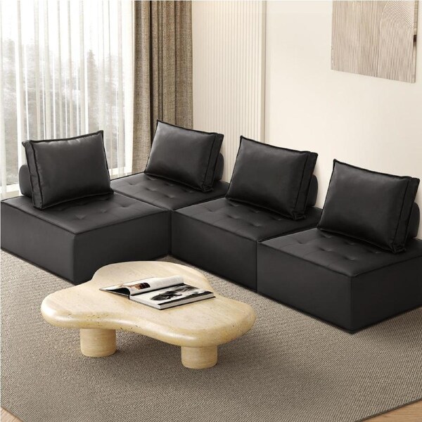 Oikiture 1-4PCS Modular Sofa Lounge Chair Armless TOFU Back Sherpa/Linen/PU 4PCS/Black