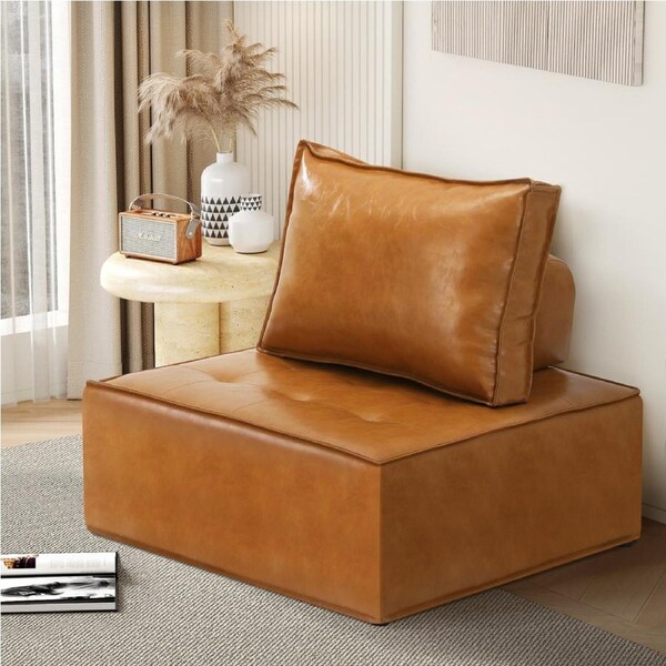 Oikiture 1-4PCS Modular Sofa Lounge Chair Armless TOFU Back Sherpa/Linen/PU 1PC/Brown