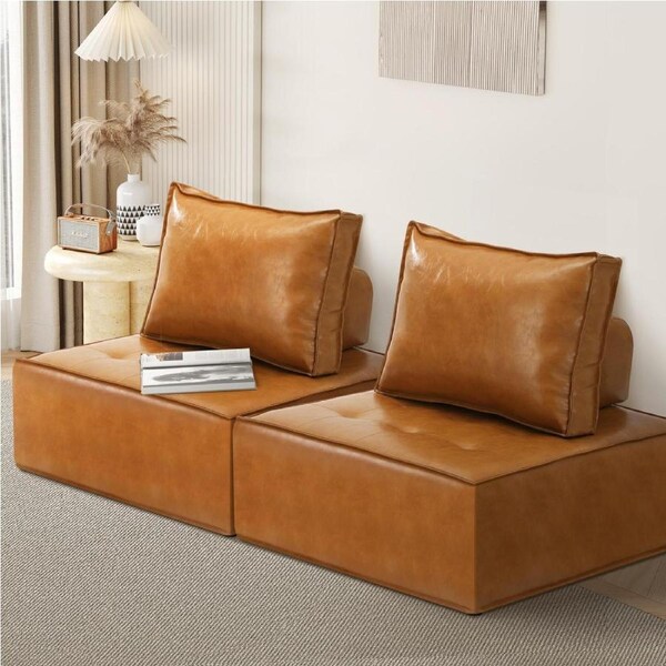 Oikiture 1-4PCS Modular Sofa Lounge Chair Armless TOFU Back Sherpa/Linen/PU 2PCS/Brown