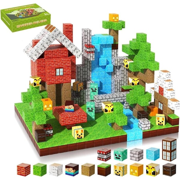 Minecraft style random 100PCS Magnetic Blocks Forest Themed Magnetic Tiles Build Mine Forest Farm Set