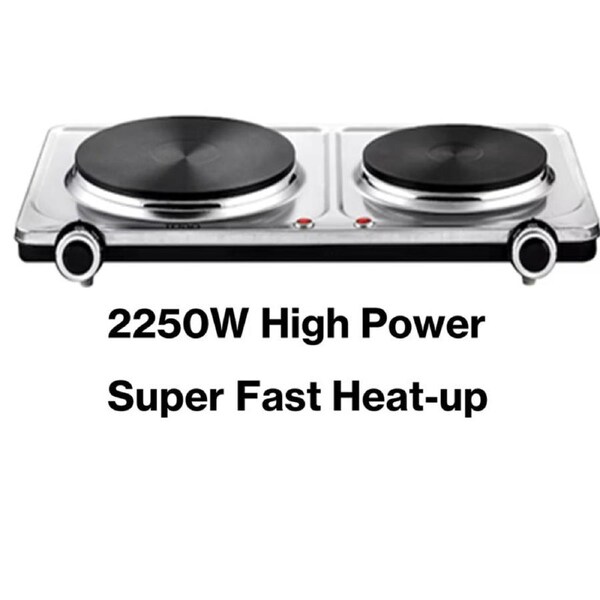 Electric Cooktop Twin Dual Stove - Portable Kitchen Cooker Hot Plate 2250W Fast Heating - Stainless Steel