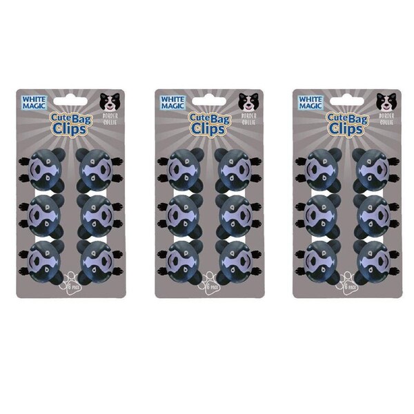3x 6pc White Magic Cute Tidy Bag Clip Food Saver Sealer Set 4.5cm Border Collie