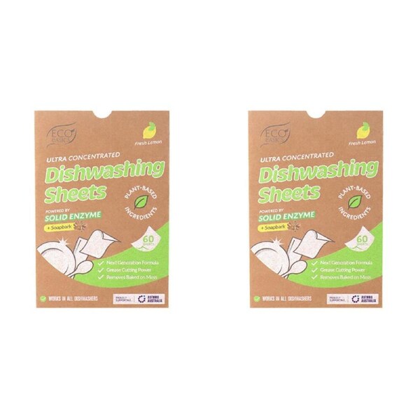 2x 60pc Eco Basics Dishwashing Detergent Sheets w/ Fresh Lemon Scent 11cm
