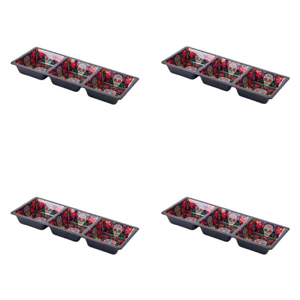 4PK Prepara Melamine 3-Section Serving Saucer Tray Day of the Dead Ed 37cm Black