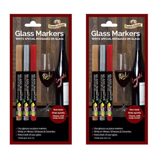 2x 3pc Parker Bailey Quick Dry Metallic Glass Marker Pens Odourless 21.59cm