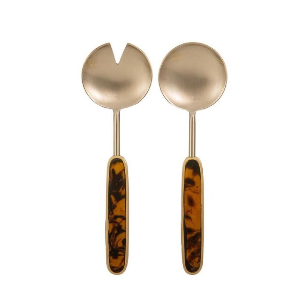 2pc Tempa Grange Acacia Wood & Brass Salad Servers Set 25cm Tortoiseshell