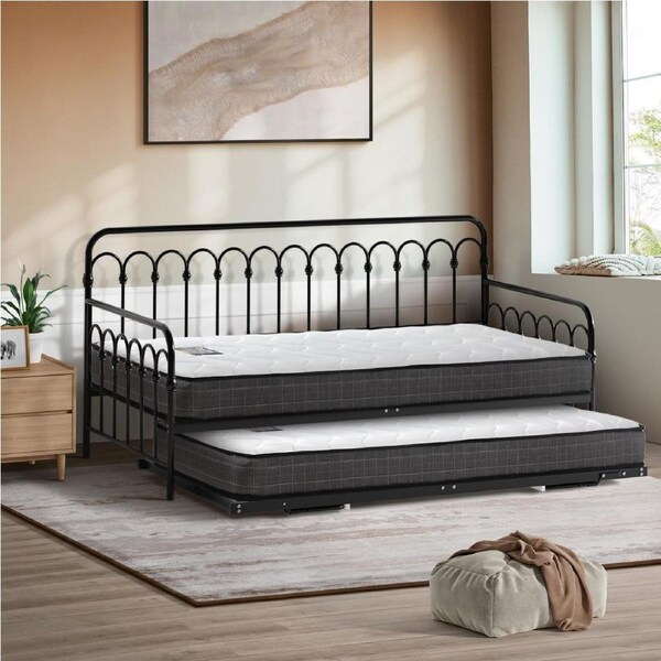 Oikiture Trundle Bed Frame Daybed Single Size Metal Base Black with Mattress x2