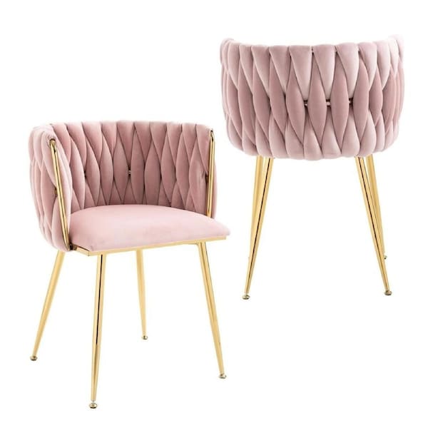SERENITà Pink Modern Hand Weaving Dining Chairs,Velvet Upholstered Side Chairs with Gold Legs, Chic Vanity Chairs with Armrest, Accent Chair for Dining Room, and Cafe Set of 2